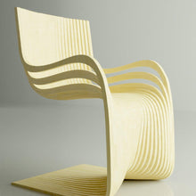 Load image into Gallery viewer, CNC Woodarts Cascade Wood Chair. Modern, wave design bsed on paremetric modeling and segmented 2d parts. A unique design, curvy, musical and artistic. Made in Hawaii.
