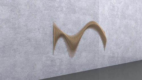 Wood wall art panel. Parametric sound wave design. 3D shape made from 2d sections